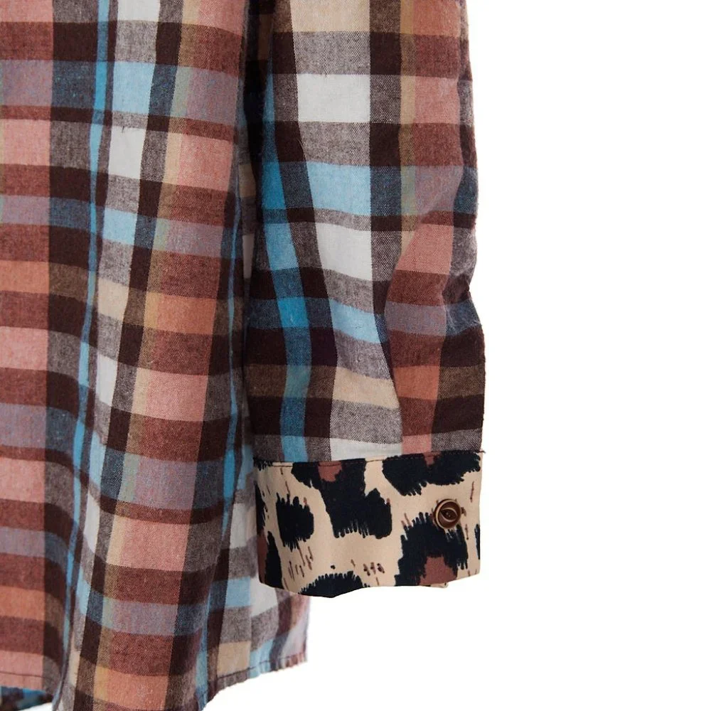 Asvivid Western Leopard Plaid Print Button Front Top Women's Size Large - Picture 4 of 7